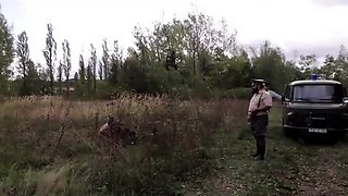 Leashed slave girl runs naked and learns to fetch