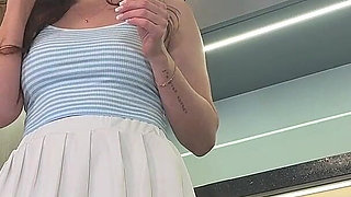 Hot MILF Wife Shows Her Satin Panties and Takes Them off to Flash Her Shaved Pussy and Naked Ass Under Her Short Miniskirt