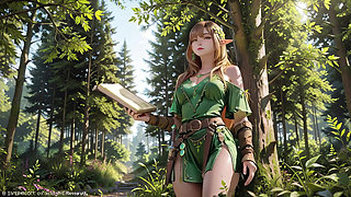 Green Elf in the Forest Secret! Kneeling gaze under dappled sunlight, a dreamy tease with fingertips touching her lips.