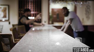 Tiny redhead babe fucks hung stud in bar