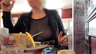 Cougar, see through clothes, public restaurant