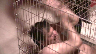 Whipping cage, wax play with scary slave