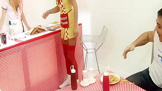 Funny Food Scene 2: Couple of Blonde Waitresses Fucking in Lingerie in a Foursome Covered in Cream