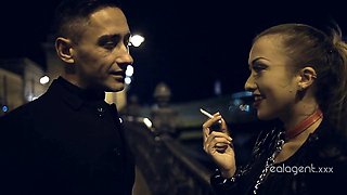 Slut blows long cock at night and gets her face covered with cum