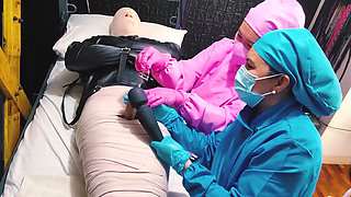 2 sadistic nurse tormenting slave with sounding