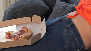 German Proll Dom Train Her Home Slave with Face Slapping and Facesitting in Jeans While Watching TV and Eating Pizza