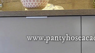 Cute and Beautiful Ebony College Girl in Pantyhose Flashes in the Kitchen After Getting Bored and Ignored