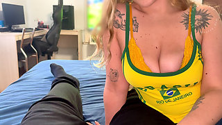 Friend's ex-girlfriend loses a bet and swallows cum during a World Cup match