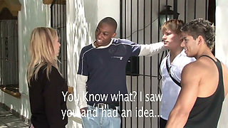3some fuck for the blonde Spanish beauty, 2 white and 1 black cock