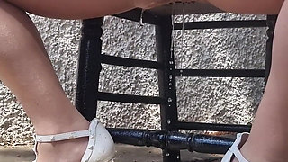Outdoor Piss Slut in Pink Babydoll & Tan Tights. I Piss Hard While Walking Then Sitting, Soaking My Tights and White Stilettos.