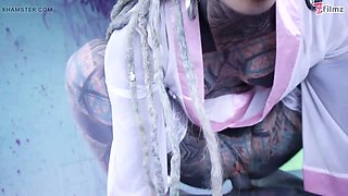 Tattooed Chick's Tattooed Dick riding Passion Glasses, Buttplug, and DP, Facial