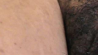 Ebony hairy twat filled up with BWC and hot cream