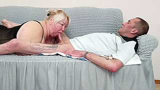 Stepmom Kneads Her Throat with a Deep Blowjob and Swallows Cum