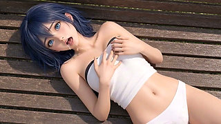 3d Anime workfreak, 5 million Views Special, blue haired Anime Girl in Parkbench gets fucked and masturbates