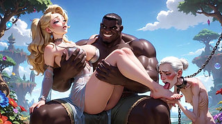 Old Granny Humiliated Licking Young Woman Feet - Sitting on Muscular Black Bull Lap