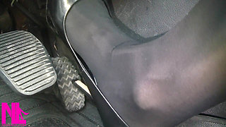 Pedal Pumping in Black Pantyhose and Grey Patent High Heels