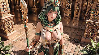 Green-Haired Egyptian Queen! Kneeling in the Golden Hall, guarded by Sphinxes.