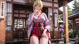 Purple Kimono Fantasy! Blonde Goddess in the Japanese Corridor, lazy gazes, hand on hips, sunlight drenching her skin.
