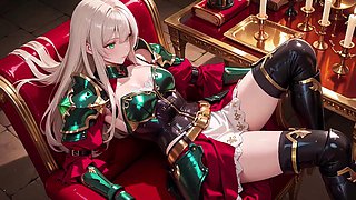 Blonde Hentai Knight Lounges Teasingly in Red and Green Armor as Her Silver-Haired Partner Kneels to