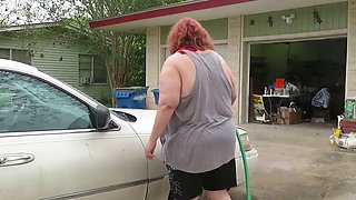 Hot Mature BBW Redhead Nurse Vicki Washes Her Car!
