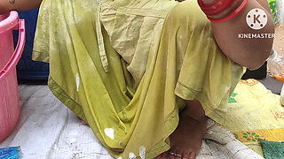 Indian House Wife Bathing Outside