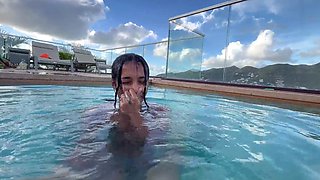 She sucks my dick a little bit and jerks me off in the pool