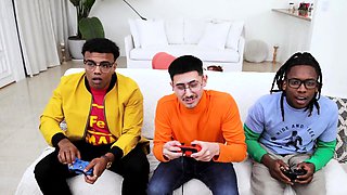 Stepmom takes two cocks while nerdy son plays games