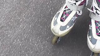 Cute Roller Skater with Braids Shows You Tits