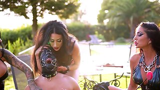 TANGENTOD Latex Femdoms Smoke and Dominate Bound Male