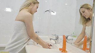 Curvy Soapy Teen Tries Her First Big Anal Dildo