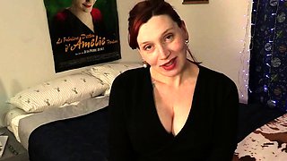 Busty curly brunette with big boobs fucks on couch