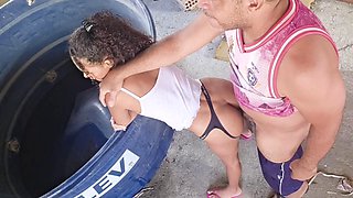 LeoOgro pounds Karinamellos big ass standing on terrace