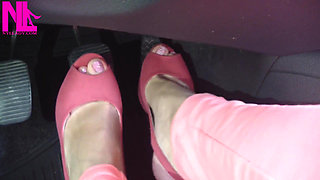Barefoot Driving and Revving in Vivid Pink High Heeled Sandals