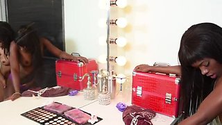 Adorable Black Girl and Her Nasty Girlfriend Fingering in Front of the Mirror