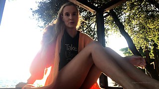 Amateur blonde masturbating on boat