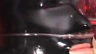 Big boobs blonde penis humiliated, foot stretching in latex dress in masked