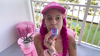 Bimbo Vaping in Your Face Smoke Clouds Outdoors Balcony Vape