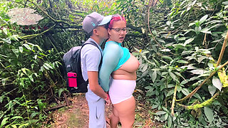 Chubby with glasses training in the woods lets a stranger rip her pants