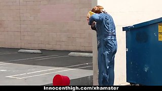 Thin cheerleader tied up and nailed by janitor