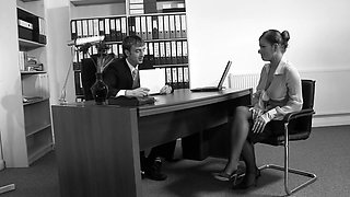 Nerdy secretary with bouncy tits fucks her boss in his office