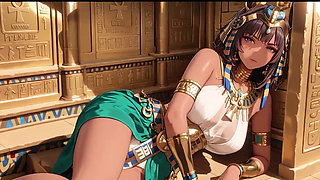 Languid on the golden throne, she runs fingers over her full chest with a hazy, arro