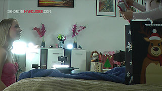 Two girls one guy Christmas Party with lots of precum and endless cock teasing for a handjob challenge