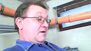Old worker hits on a blonde teen sucking his cock