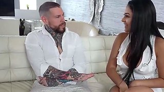 Tattooed boy gets deep oral with fat boobs