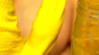 Indian Pregnant Stepsister in Yellow Gloves Plays with a Dildo and Talks Dirty