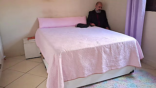 The wife does a striptease and they both get naked so she can give her husband a blowjob.