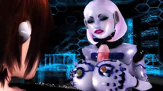 Robot gives a blowjob and titty fuck to a big meaty cock