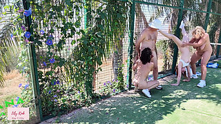 Mature Swingers Outdoor Tennis Court Reverse Gangbang