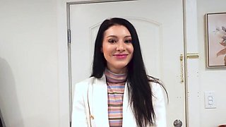 Inked babe looks cute as she takes a meaty monster dong