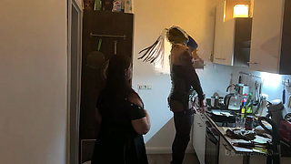 Dominant MILF Stretches Latex Sub's Ass Wide in Kitchen